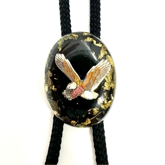 Bolo Tie Flying Bald Eagle Gold Leaf on Black Background Western Necklace - Picture 3 of 9